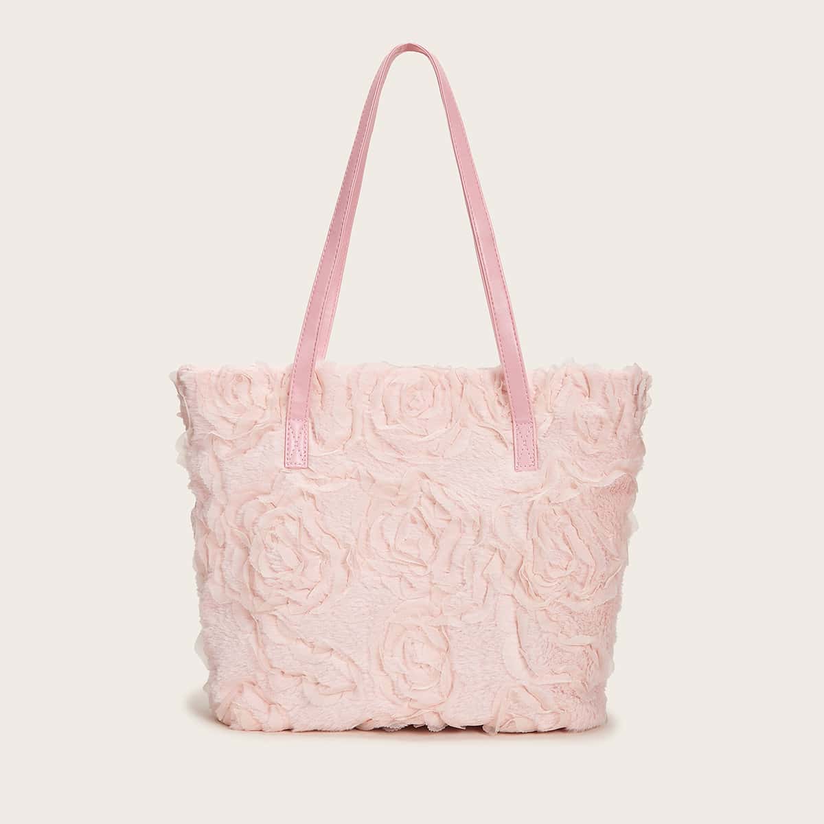 

Floral Textured Fluffy Tote Bag, Pink