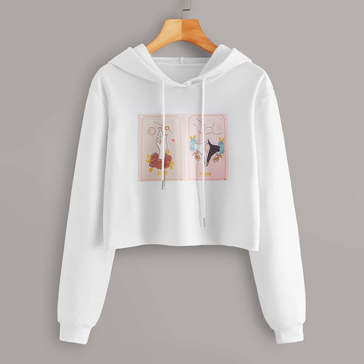 

Finger & Letter Graphic Drawstring Hoodie, White