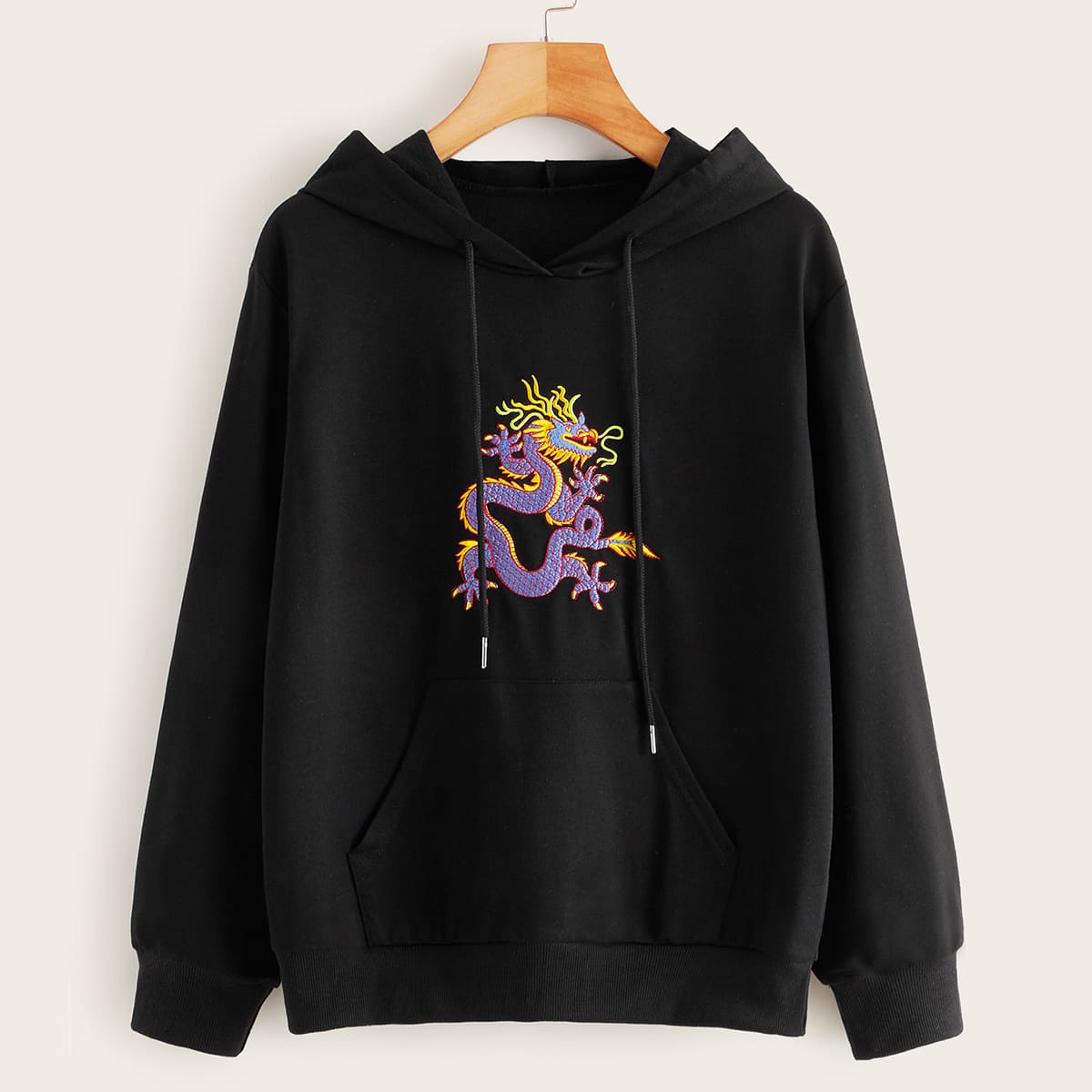 

Dragon Embroidered Kangaroo Pocket Drawstring Hoodie, Black
