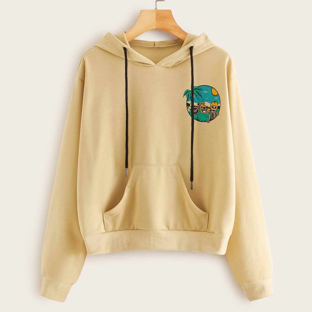 

Cartoon Graphic Kangaroo Pocket Hoodie, Khaki