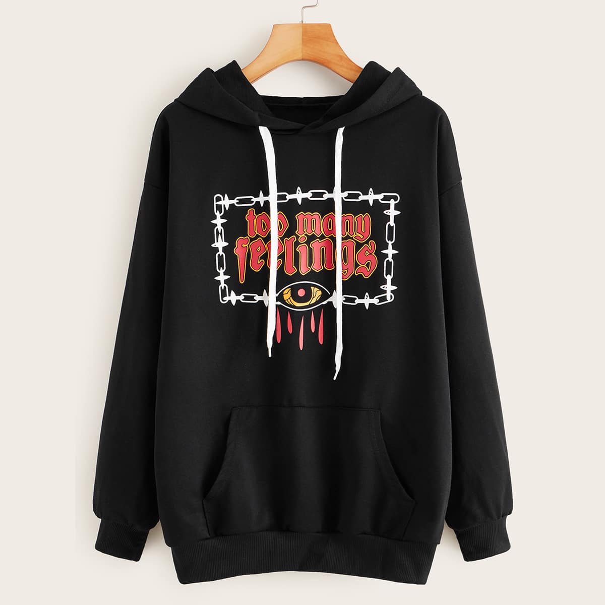 

Chain & Letter Graphic Kangaroo Pocket Hoodie, Black