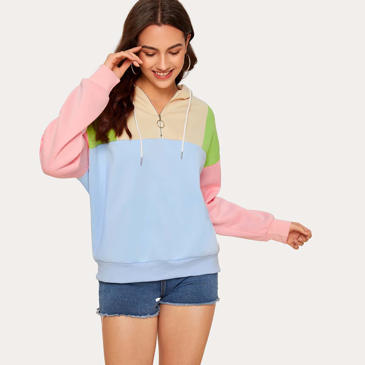 

Colorblock Half Zip Drawstring Hoodie, Multicolor