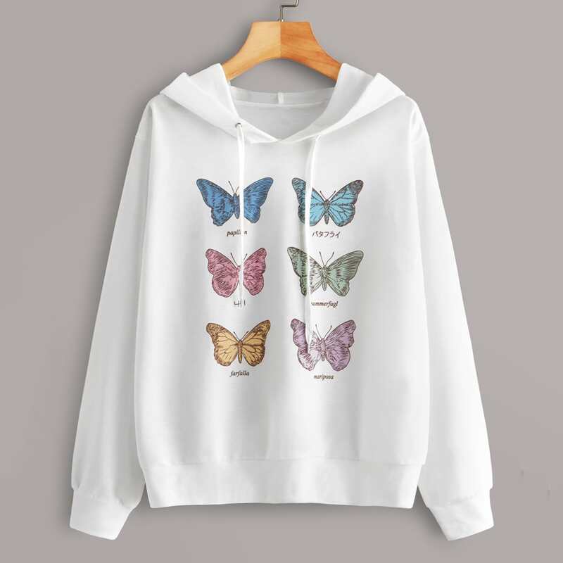 

Butterfly & Letter Graphic Drawstring Hoodie, White
