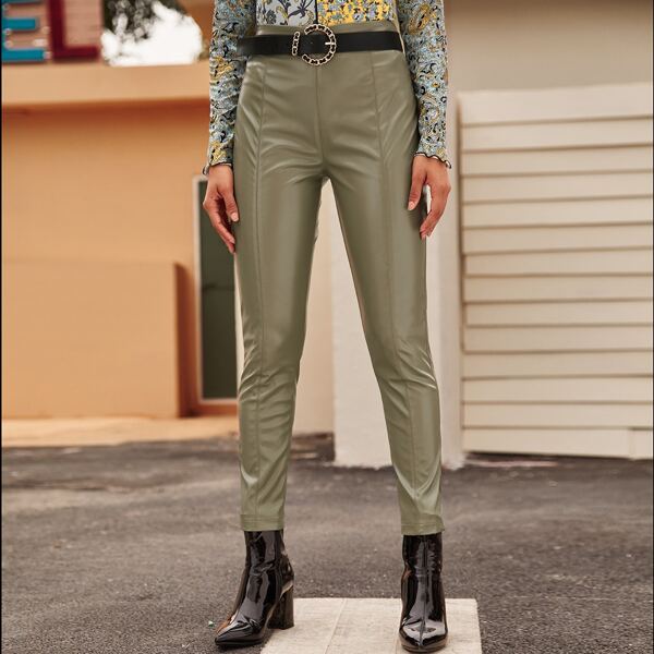 

Solid Pu Carrot Pants Without Belt, Army green