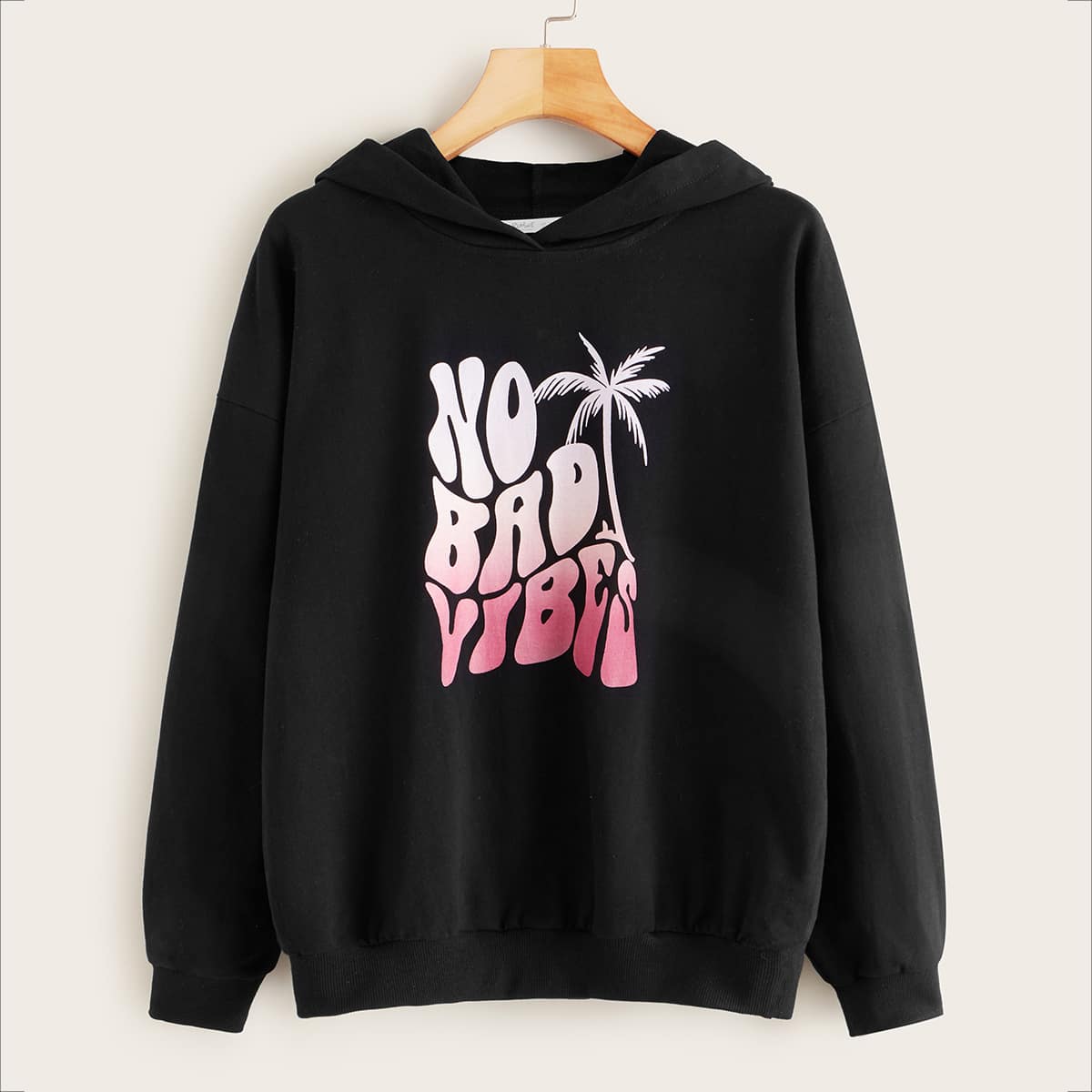 

Tropical & Letter Graphic Hoodie, Black