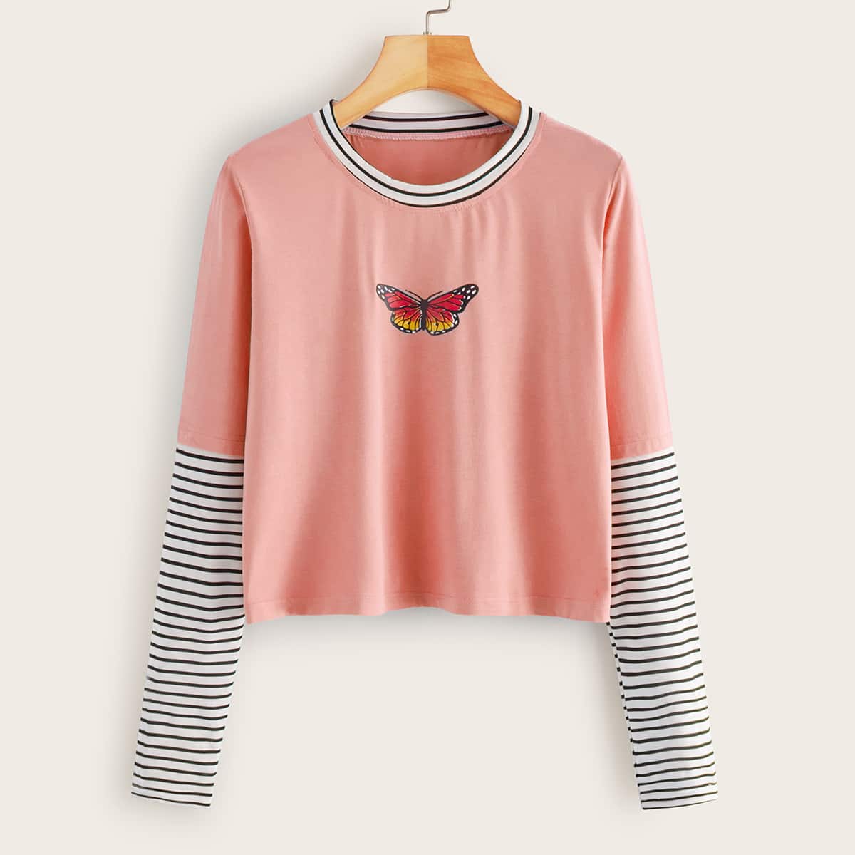 

Butterfly Print Striped Crop Tee, Pink