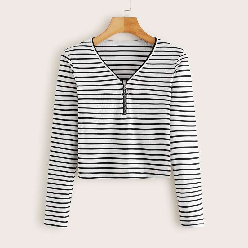 

O-ring Half Zip Striped Tee, Black and white