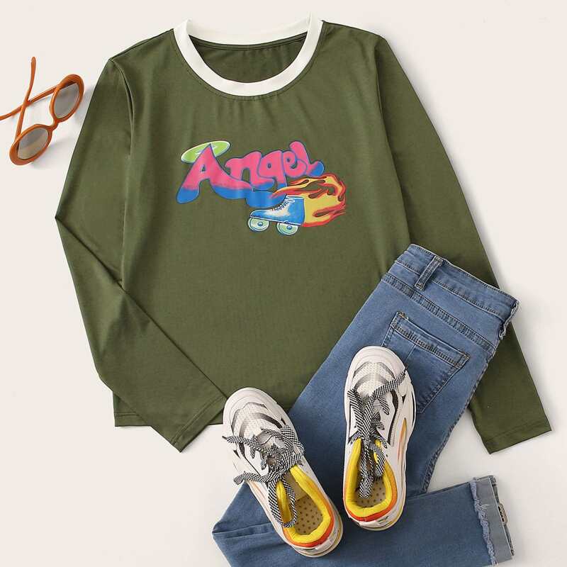 

Cartoon & Letter Graphic Tee, Army green
