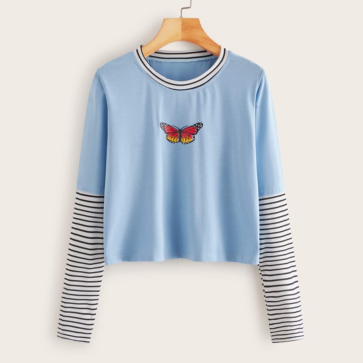 

Butterfly Print Striped Sleeve Blue Top