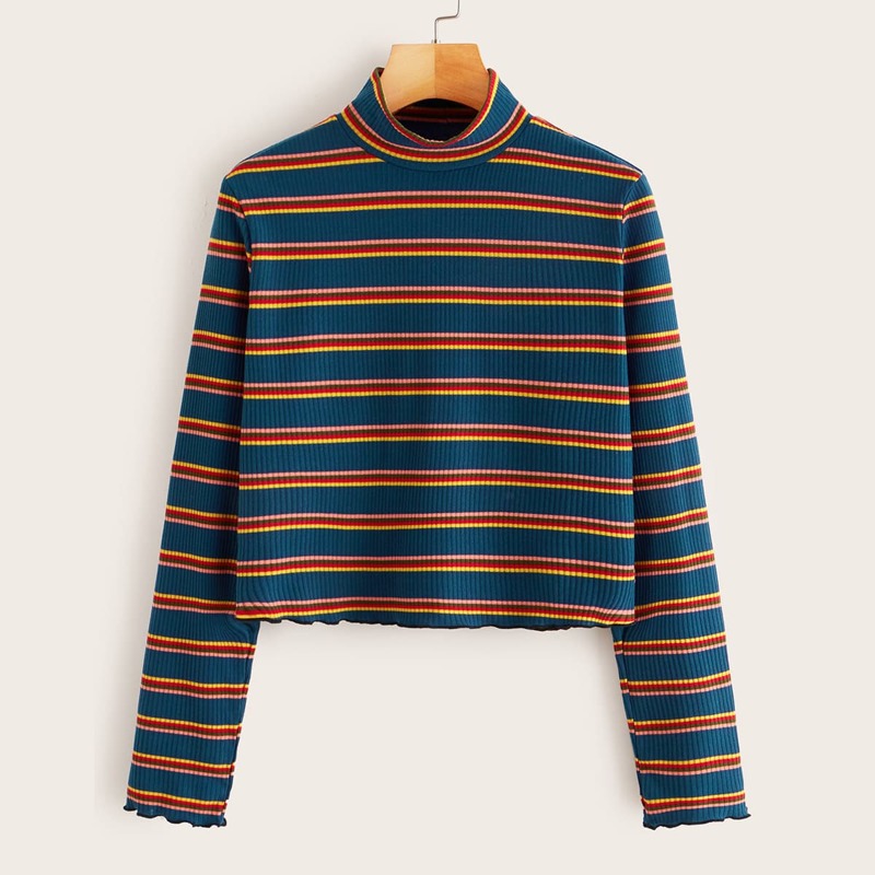 

Stand Collar Frill Trim Striped Tee, Navy