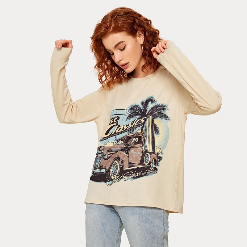 

Tropical & Letter Graphic Tee, Beige