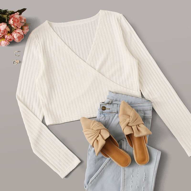 

Surplice Front Ribbed Knit Tee, White