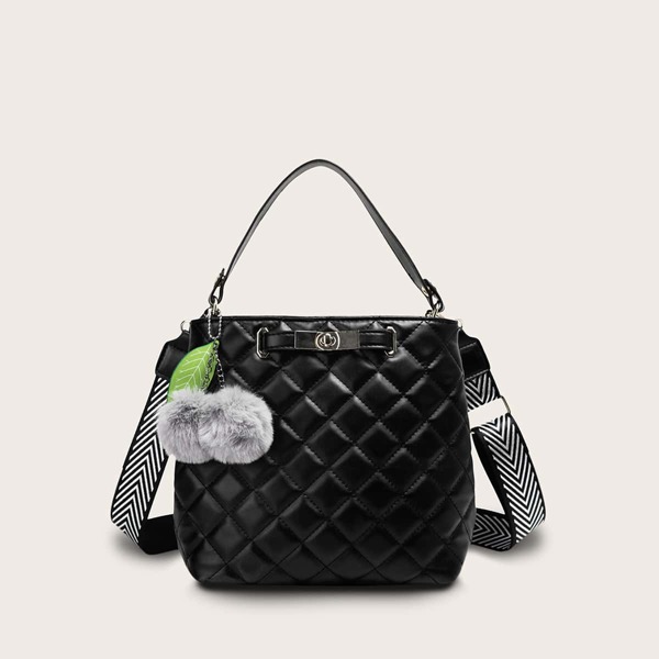 

Pom Pom Charm Quilted Satchel Bag, Black