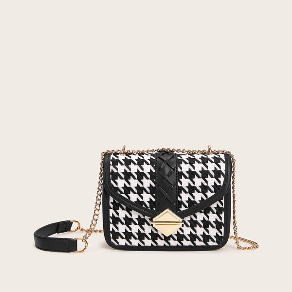 

Houndstooth Push Lock Crossbody Bag, Black and white
