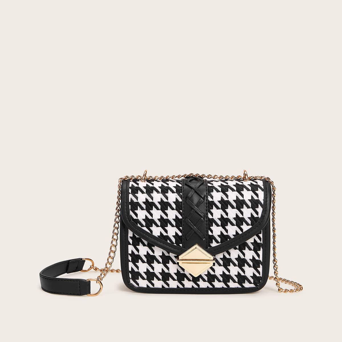 

Houndstooth Push Lock Crossbody Bag, Black and white