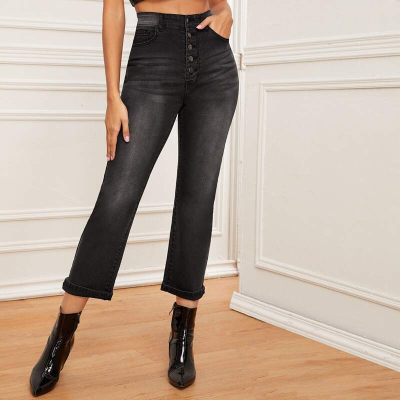 

High Waist Button Fly Cropped Jeans, Grey