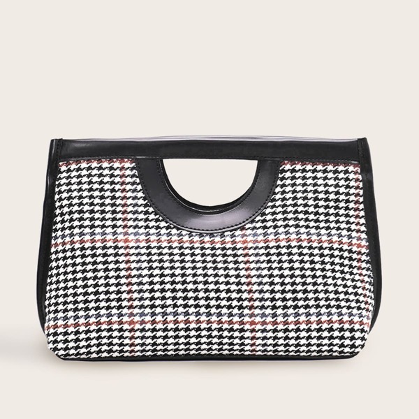

Houndstooth Tweed Satchel Bag, Black