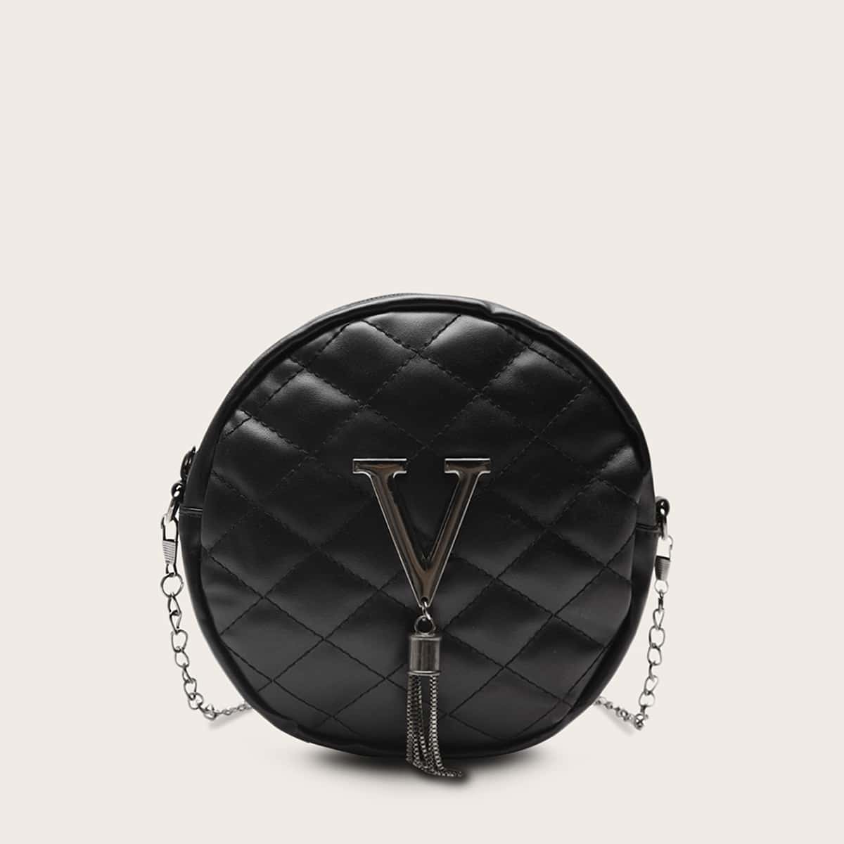 

Tassel Decor Quilted Crossbody Bag, Black