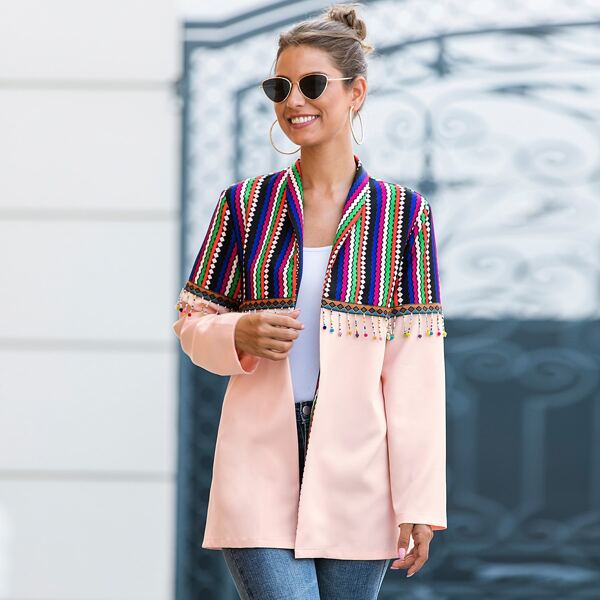 

Shawl Collar Pom Pom Trim Spliced Coat, Multicolor