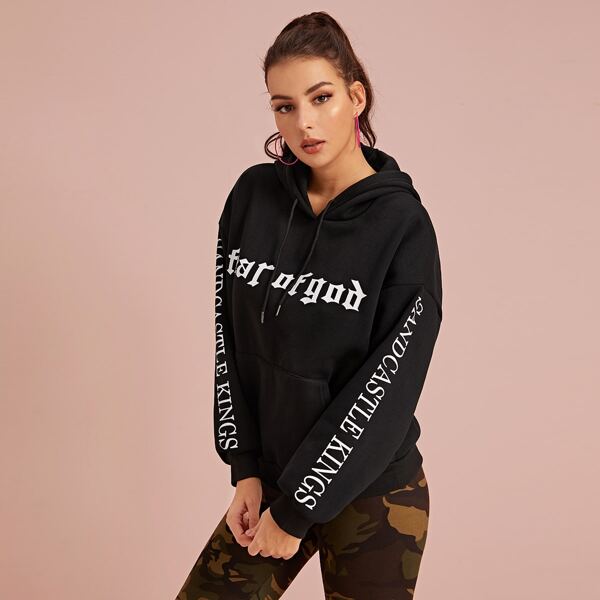 

Letter Graphic Drawstring Hooded Sweatshirt, Black
