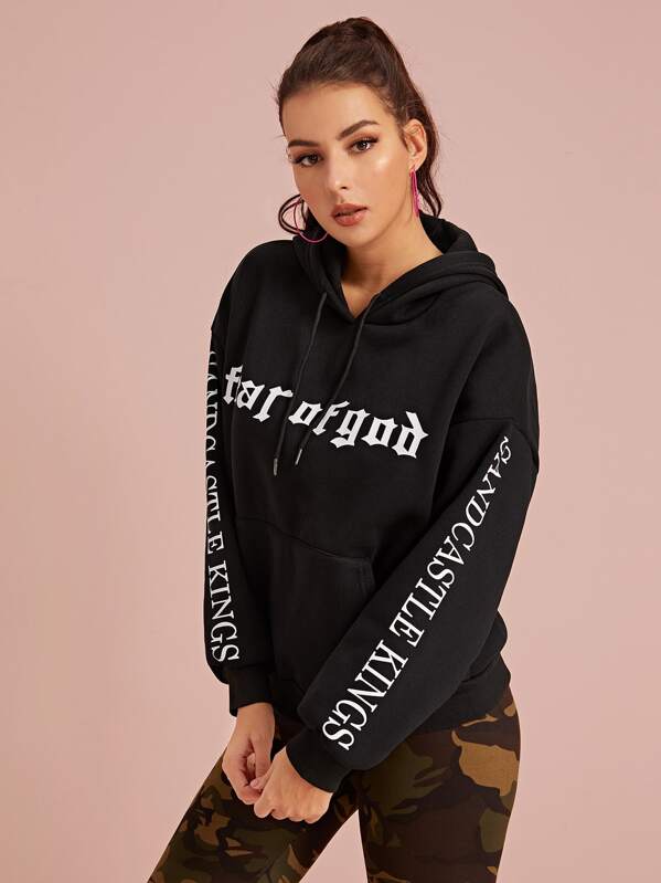 

Letter Graphic Drawstring Hooded Sweatshirt, Black, MARTINA