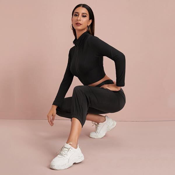 

Solid Zip Up Crop Slim Top & Joggers Set, Black