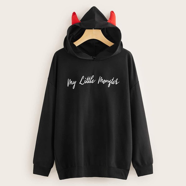 

Slogan Graphic Ear Hooded Pullover, Black