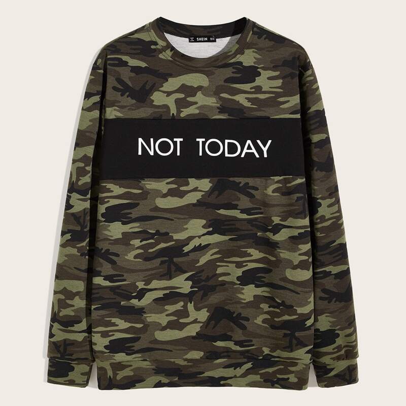

Guys Slogan Graphic Colorblock Camo Pullover, Multicolor