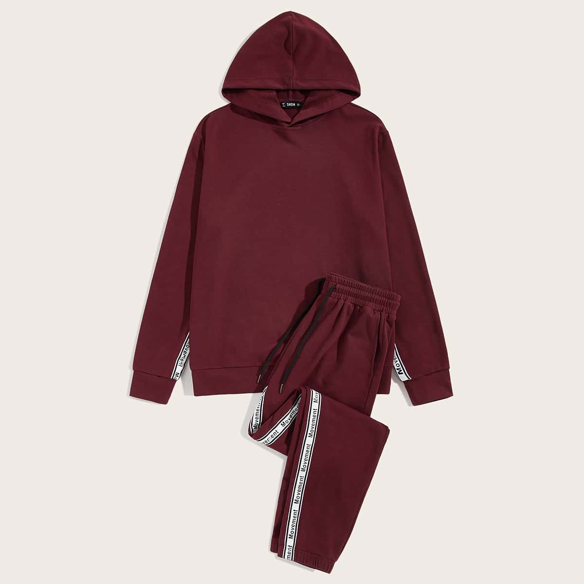

Guys Letter Tape Detail Hoodie and Drawstring Waist Joggers Set, Burgundy