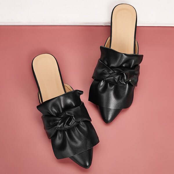 

Knotted Front Point Toe Flat Mules, Black