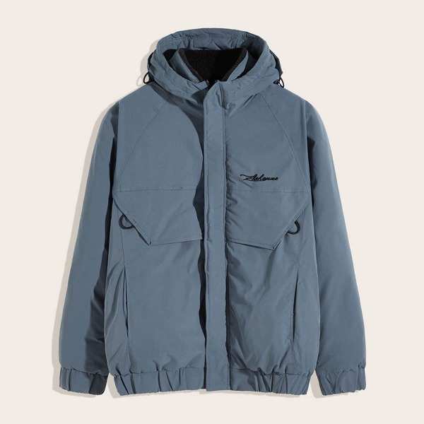 

Men Raglan Sleeve Letter Embroidery Hooded Coat, Blue