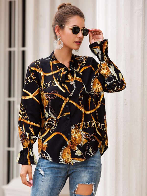 

Tie Neck Flounce Sleeve Chain Print Blouse, Black, Debi Cruz