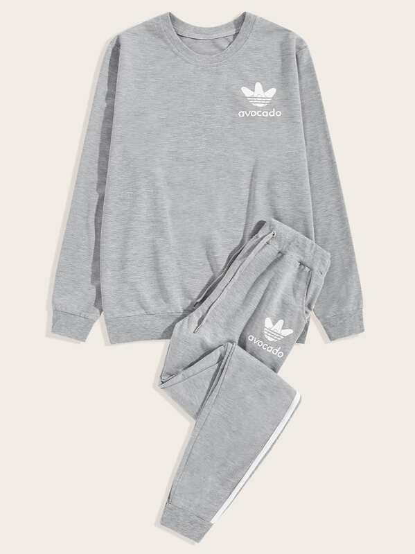 

Men Letter Graphic Sweatshirt & Drawstring Sweatpants, Grey