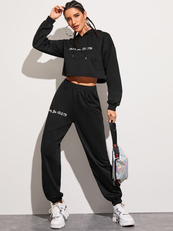 

Letter Embroidery Drawstring Hoodie With Sweatpants, Black, Juliana