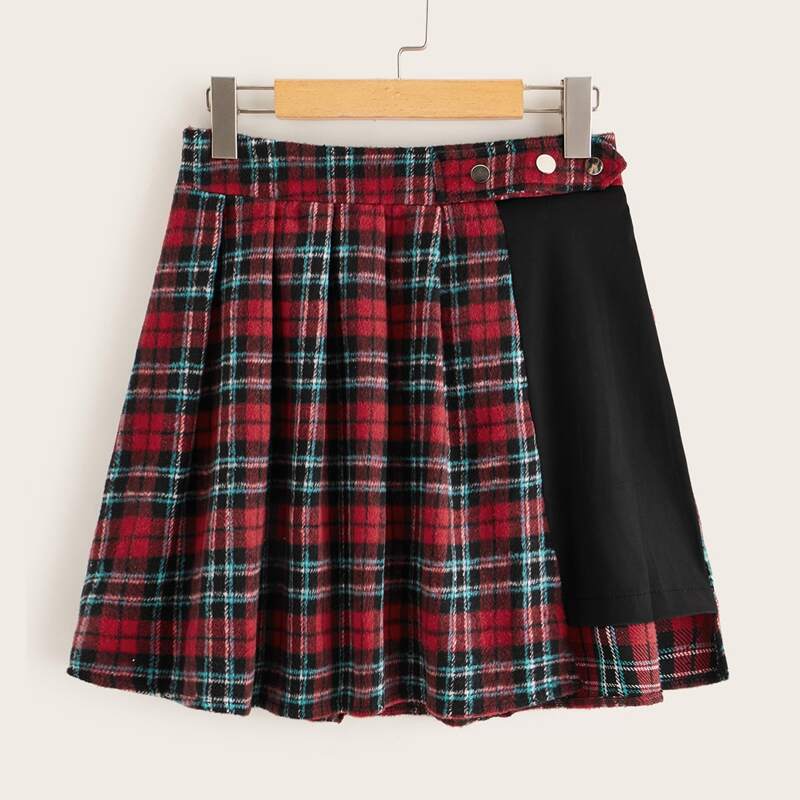 

Contrast Panel Tartan Pleated Mini Skirt, Multicolor