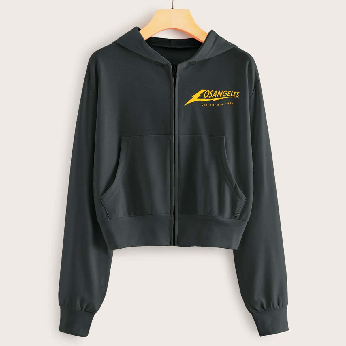 

Letter Graphic Pocket Front Zip-up Crop Hoodie, Grey