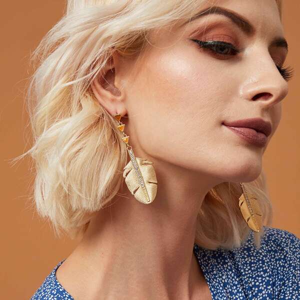 

1pair Leaf Shape Rhinestone Earrings, Orange