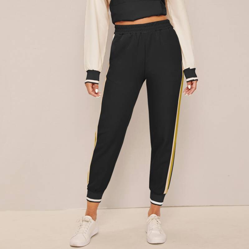

Side Striped Elastic Waist Sweatpants, Black