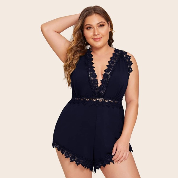 

Plus Lace Trim Romper Bodysuit, Navy
