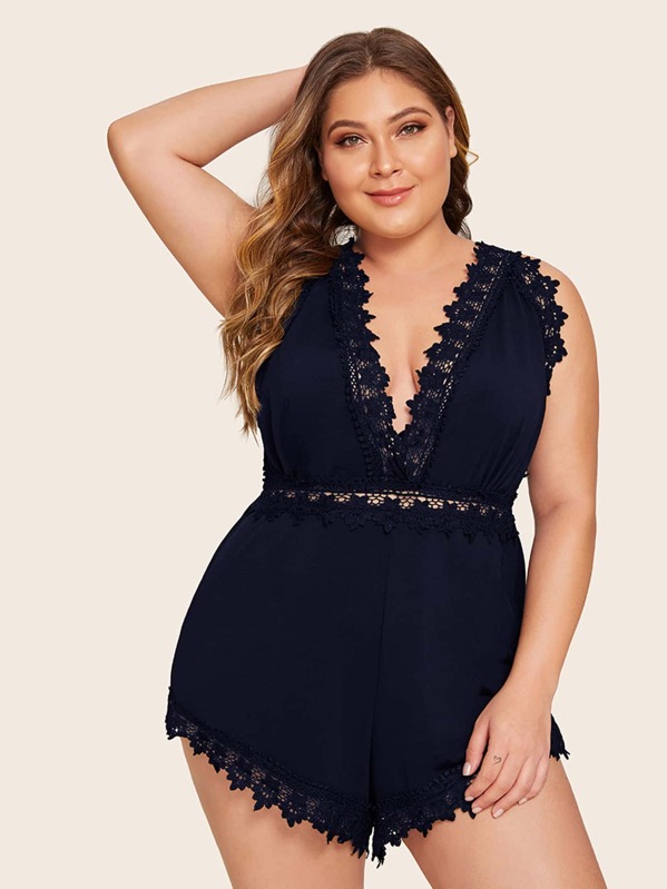

Plus Lace Trim Romper Bodysuit, Navy, Carol
