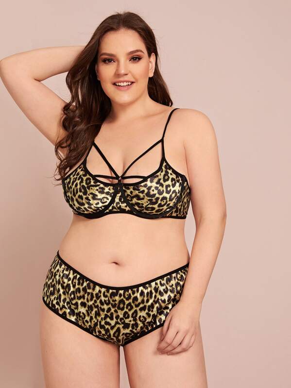

Plus Leopard Underwire Satin Lingerie Set, Multicolor, Ella