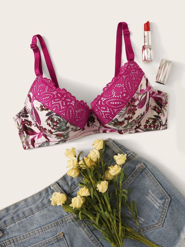 

Floral Print Contrast Lace Underwire Bra, Multicolor