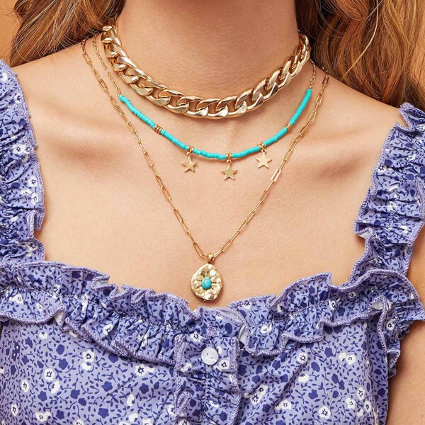 

3pcs Star & Texture Metal Charm Chain Necklace, Gold