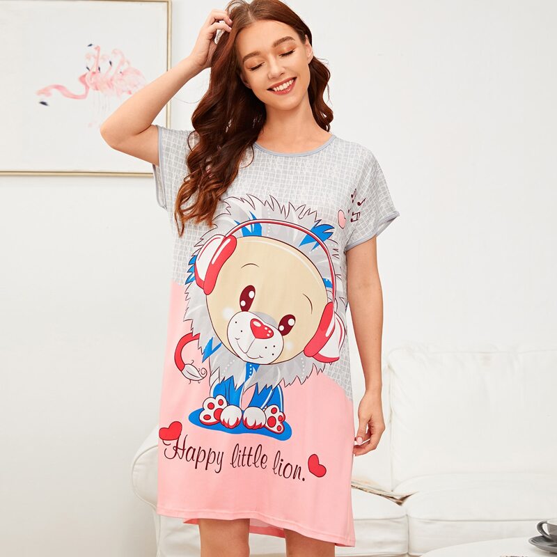

Plaid & Cartoon Lion Print Night Dress, Multicolor