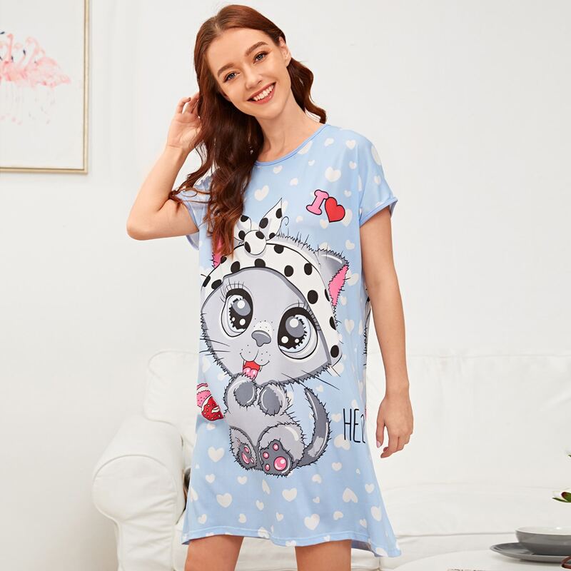 

Cartoon Cat Print Night Dress, Multicolor