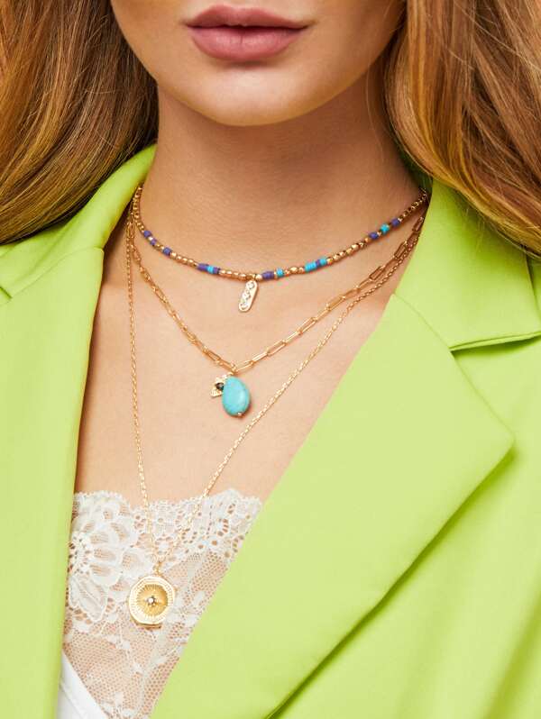 

3pcs Texture Disc & Turquoise Charm Beaded Chain Necklace, Multicolor
