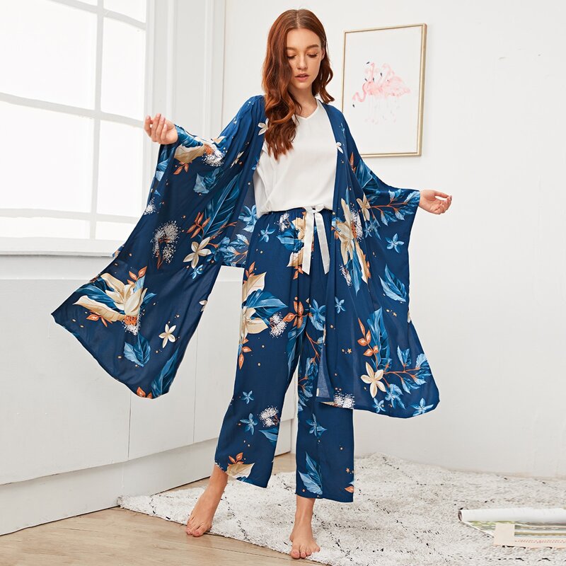 

4pack Floral Print PJ Set With Robe, Navy
