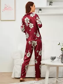 Floral Print Satin PJ Set - Burgundy - View 2