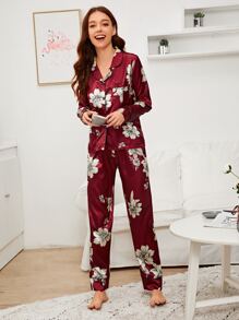 Floral Print Satin PJ Set - Burgundy - View 4