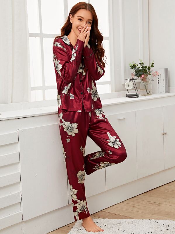 

Floral Print Satin PJ Set, Burgundy, Poly